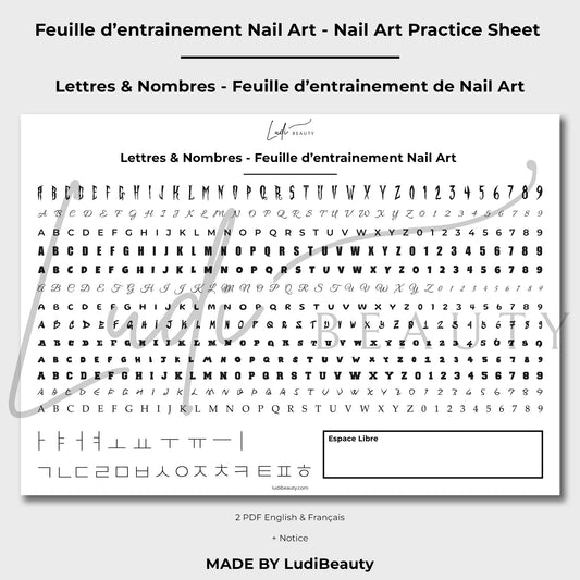 Feuille d'entrainement Nail Art pour lettres et chiffres - Pochoirs lettres et chiffres - Planches de lettres et chiffres pour ongles