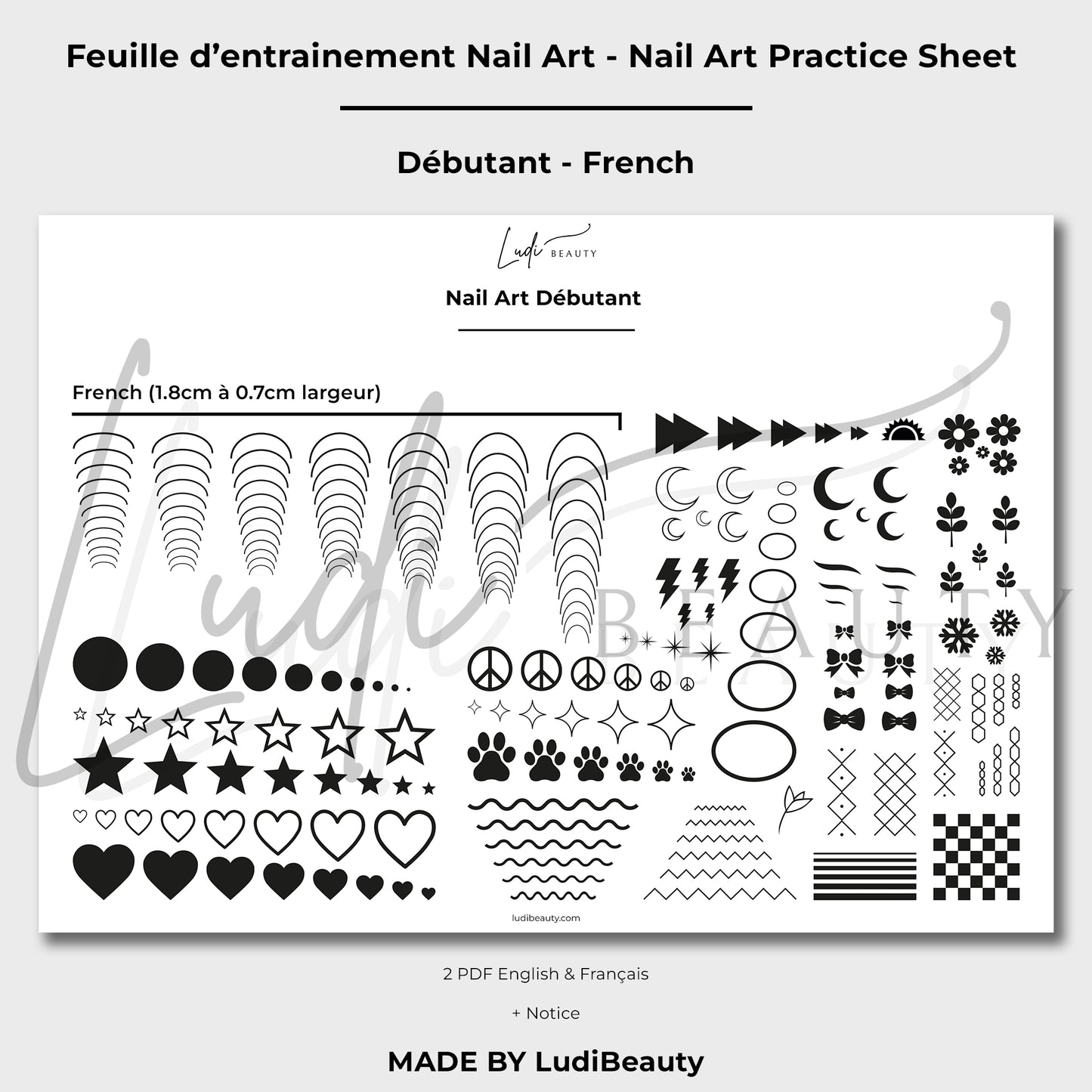 Feuille d'entrainement Nail Art pour French Nail - Pochoirs Débutant Nail Art - Planches de motifs pour débutants pour ongles