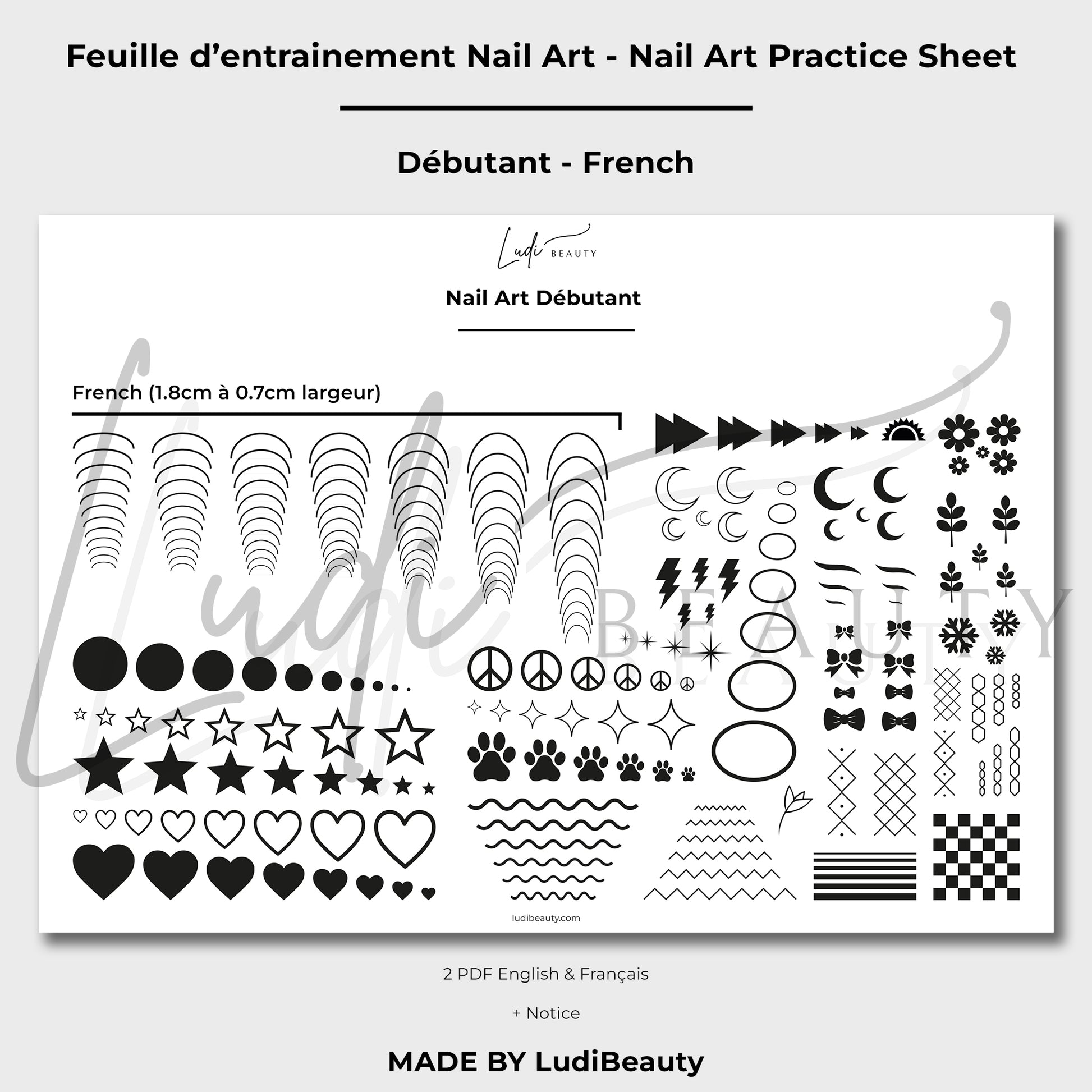 Feuille d'entrainement Nail Art pour French Nail - Pochoirs Débutant Nail Art - Planches de motifs pour débutants pour ongles