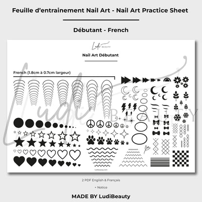 Feuille d'entrainement Nail Art pour French Nail - Pochoirs Débutant Nail Art - Planches de motifs pour débutants pour ongles