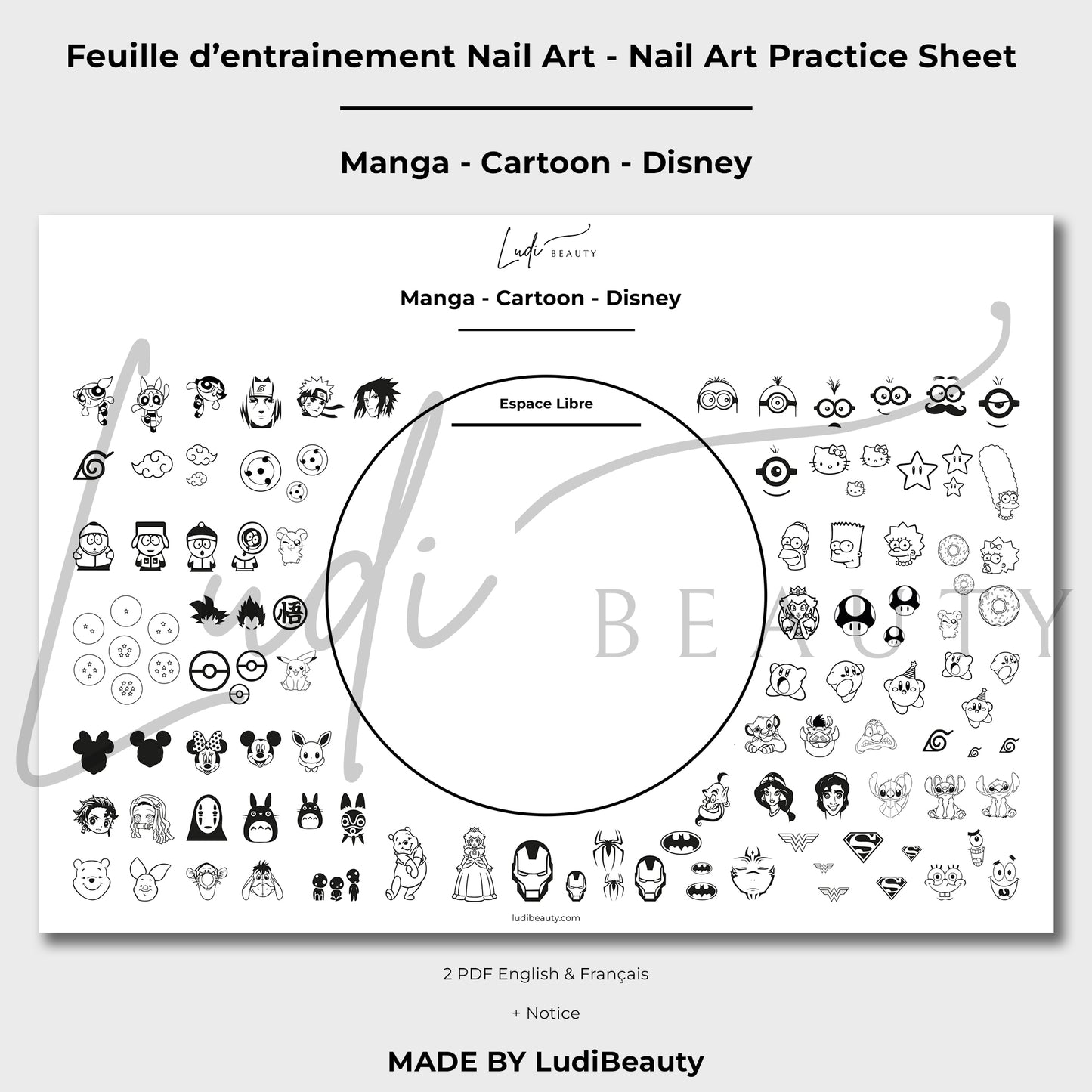 Feuille d'entrainement Nail Art pour Manga - Disney - Naruto - Peach - Mario - Ghibli - Pochoirs Anime - Naruto - Planches de motifs Cartoon pour ongles