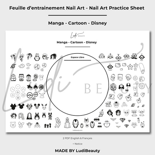 Feuille d'entrainement Nail Art pour Manga - Disney - Naruto - Peach - Mario - Ghibli - Pochoirs Anime - Naruto - Planches de motifs Cartoon pour ongles